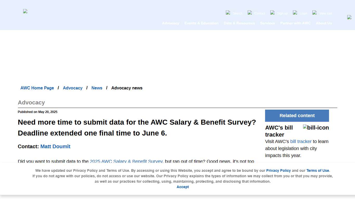 Need more time to submit data for the AWC Salary & Benefit Survey? Deadline extended one final time to June 6.