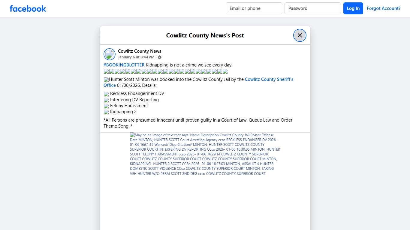 #BOOKINGBLOTTER Kidnapping is not a... - Cowlitz County News Facebook